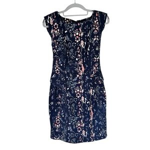 French Connection Navy and Coral Sleeveless Patterned Shift Dress- US 2